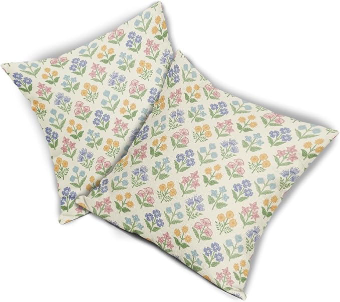 Spring Floral Easter Block Print Pillow Covers 24x24 Inch Set of 2, Pink Yellow Blue Purple Flower Holiday Decorative Throw Pillowcases Outdoor Farmhouse Cushion Covers Sofa Couch Bed Decor