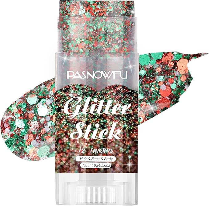Christmas Body Glitter Stick, Red Green Face Glitter for Women and Girls, Holiday Accessories Hair Tinsel Stick for Christmas Party Makeup, Stage Performance New Year Celebration Events