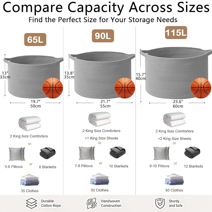 65L Large Blanket Basket,Woven Rope Laundry Basket-Light Gry | Collapsible, reinforced handles, nursery storage bin organizes clothes, toys and pillows for living room, bedroom bathroom