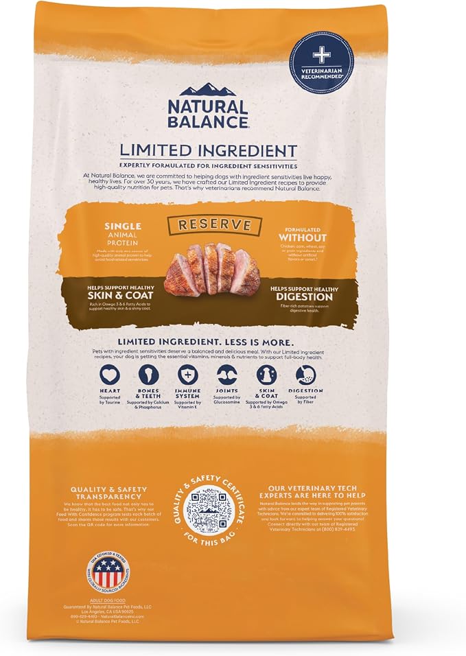 Natural Balance Limited Ingredient Adult Dry Dog Food - Balanced Nutrition for Adult Dogs - Grain-Free, Soy-Free Recipe - Limited Ingredient Formula - 12 lb - Reserve Duck & Potato Recipe