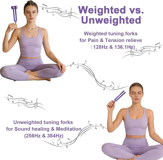 Tuning Forks for Healing Set — Includes 4 Frequency Tuning Forks (128Hz, 136.1Hz, 256Hz, 384Hz) and Reflex Hammer, Sound Healing Instruments for Chakra Sound Therapy, Yoga & Meditation Accessories