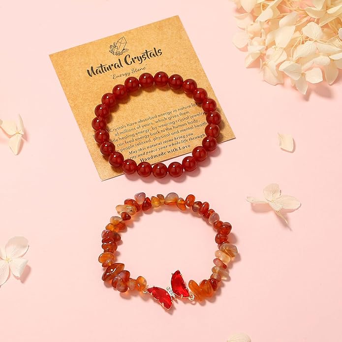 DUQGUHO 2Pcs Butterfly Bracelets for Women Healing Crystals Bracelets for Women Natural Gemstone Bead Bracelet Cute Butterfly Charm Bracelet Stretch 8mm Crystal Jewelry Gifts for Women