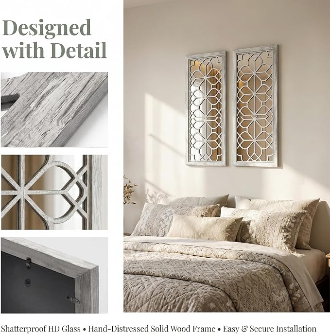Set of 2 16x41.5 Inch Large Carved Floral Wood Frame Wall Mirrors, Shatterproof Boho Farmhouse Rustic Accent Mirrors for Living Room, Bedroom, Bathroom, Entryway & Home Wall Decor (Gray)