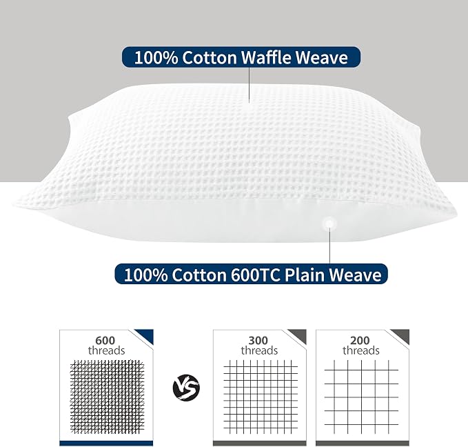 100% Egyptian Cotton 600 TC Waffle Weave Throw Pillow Covers 2 Pack | Ultra Soft Breathable Euro Pillow Shams Covers, Decorative Cushion Covers for Bed Couch Sofa Car, White, 26" x 26"