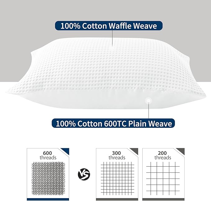 100% Egyptian Cotton 600 TC Waffle Weave Throw Pillow Covers 2 Pack | Ultra Soft Breathable Euro Pillow Shams Covers, Decorative Cushion Covers for Bed Couch Sofa Car, White, 20" x 20"