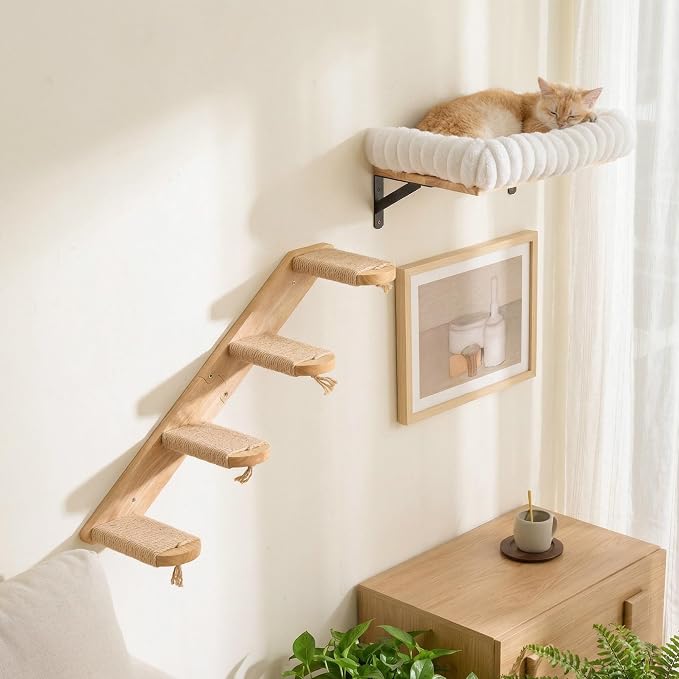 FUKUMARU Cat Wall Shelves, 17 x 10 Inch, Soft Cushion | Solid Rubber Wood Floating Shelf with Upgraded Installation, Kitten Wall Furniture for Sleeping, Playing and Scratching