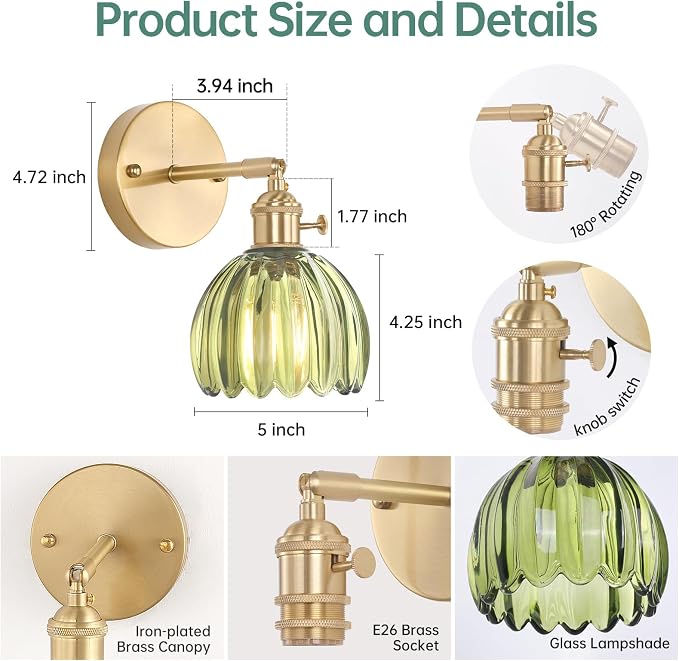 Shenmoyl Vintage Wall Sconces with Green Tulip Glass Lampshade 180 Degree Adjustable Brass Sconces Hradwired Modern Wall Lighting Fixture with Switch for Bedside Bedroom Doorway