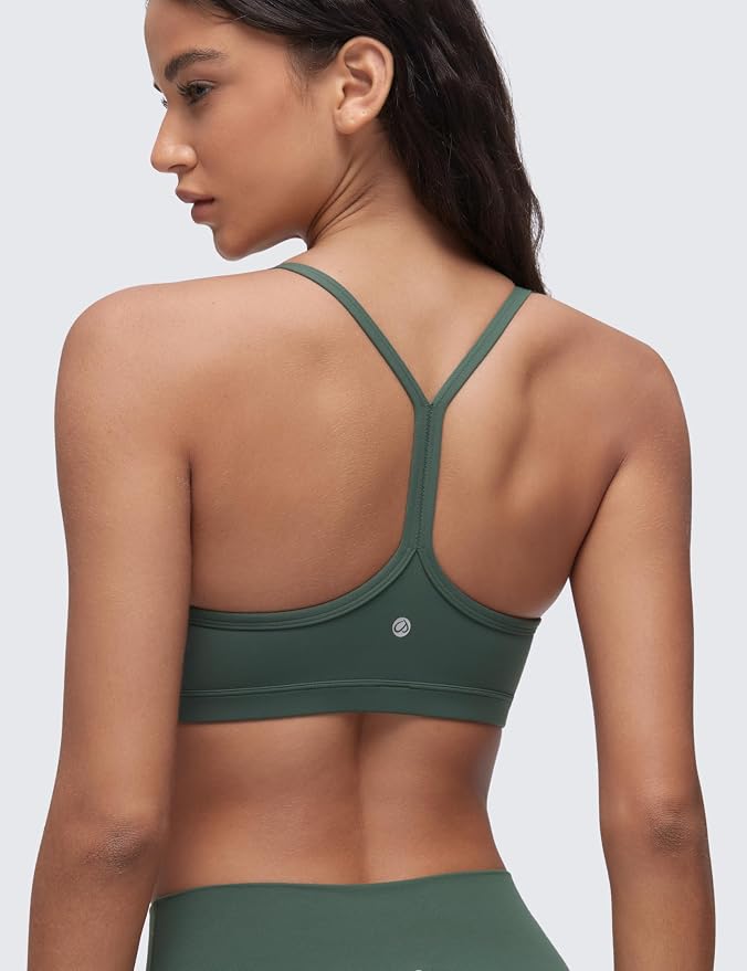 CRZ YOGA Butterluxe Ruched Sports Bras for Women - V Neck Spaghetti Thin Strap Y Back Wireless Padded Yoga Crop Top