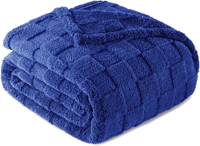 Exclusivo Mezcla 3D Checkered Fleece Twin Blanket for Bed, Cobalt Blue | Super Soft and Cozy Fluffy Bed Blanket, Cute Fuzzy Blanket for Teens Back to School, Dorm Essentials, All Season, 60"x80"
