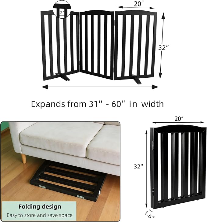 ZJSF Foldable Freestanding Indoor Dog Gate for House Wood Long Pet Gates Dog Fence for Stairs Puppy Gates for Hallways, Puppy Gate,Support Feet Included, Black, 32 "Height-3 Panels