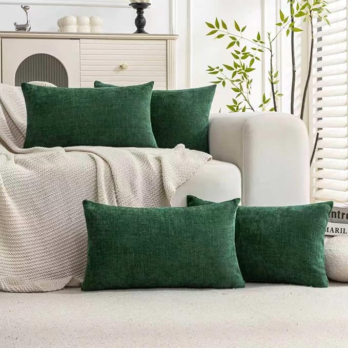 Set of 4 Soft Textured Decorative Throw Pillow Covers 12X20 Inch Cozy Farmhouse Cushion Cover Square Accent Pillow Cases for Bed Couch Sofa Living Room, Dark Green