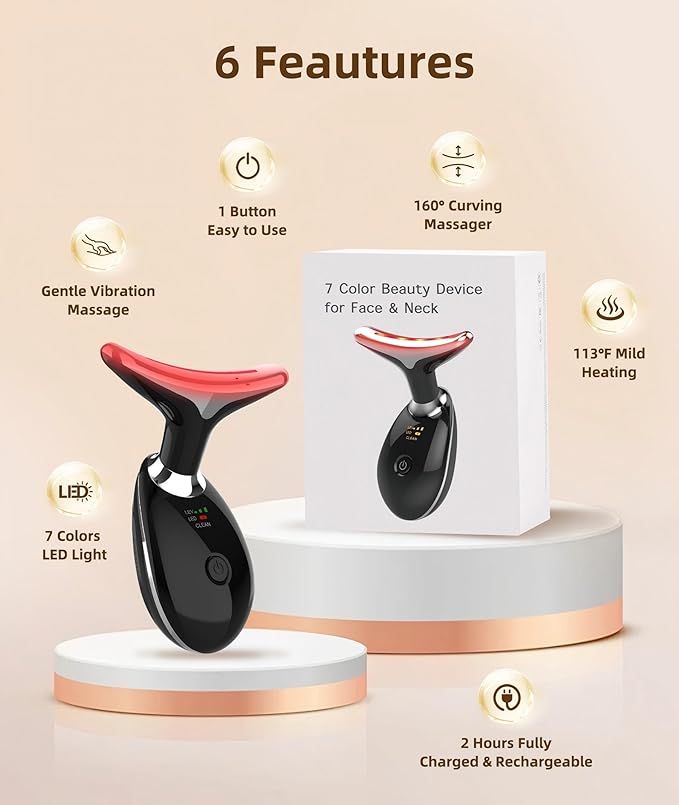 ELISHINE Red Light Therapy for Face and Neck, 7 Color Light Based Face Massager Tool, Portable Skin Care Tool for Firming, Tightening and Lifting (Glossy Black)