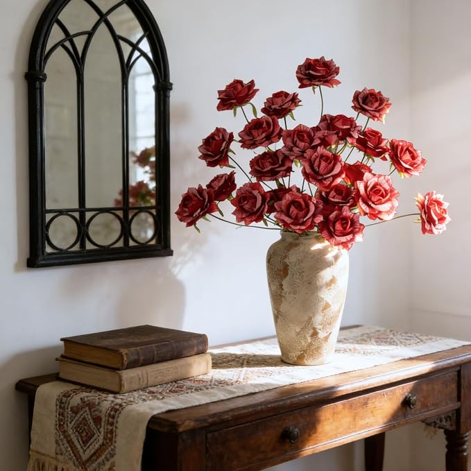 INXUGAO Artificial Flowers Fake Roses for Outdoor, 6Pcs 28" Long Stem Silk Red Roses for Wedding Indoor Outside Party Decor, Realistic Faux Bouquet for Tall Vase Planter