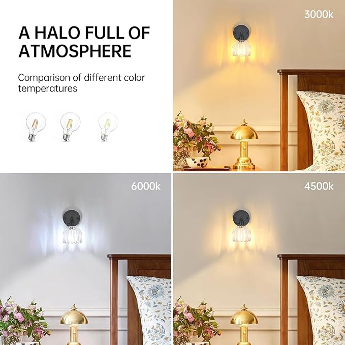 Shenmoyl Vintage Wall Sconce with Transparent Tulip Glass Lampshade 180 Degree Adjustable Black Sconce Hradwired Modern Wall Lighting Fixture with Switch for Bedside Bedroom Doorway