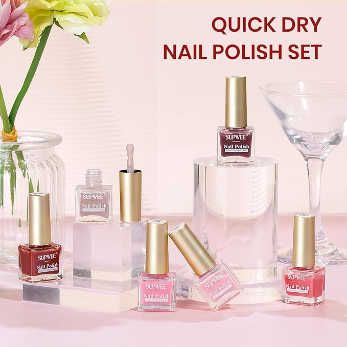 Jelly Nail Polish Set Non Gel, Quick Dry Sheer Nude Pink Regular Nail Polish Natural Neutral Fingernail Lacquer High Glossy Manicure DIY Salon Gift for Women Girl（Nude Pink Red Brown Colors）
