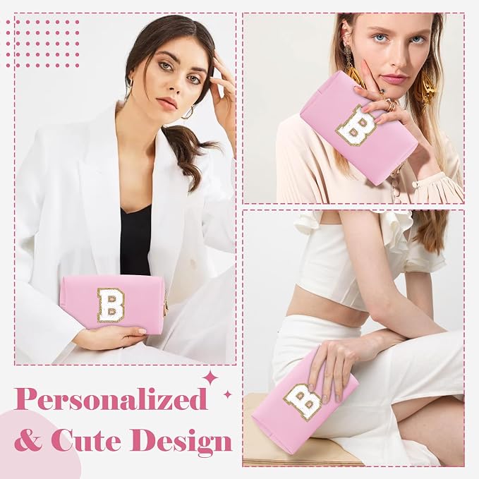 Personalized Initial A-Z Preppy Patch Makeup Bag,Small PU Chenille Letter Cosmetic Bag with Zipper for Teen Girls,Pink Cute Toiletry Organizer Bag,Monogram Makeup Case Gift for Women Girls,Letter B