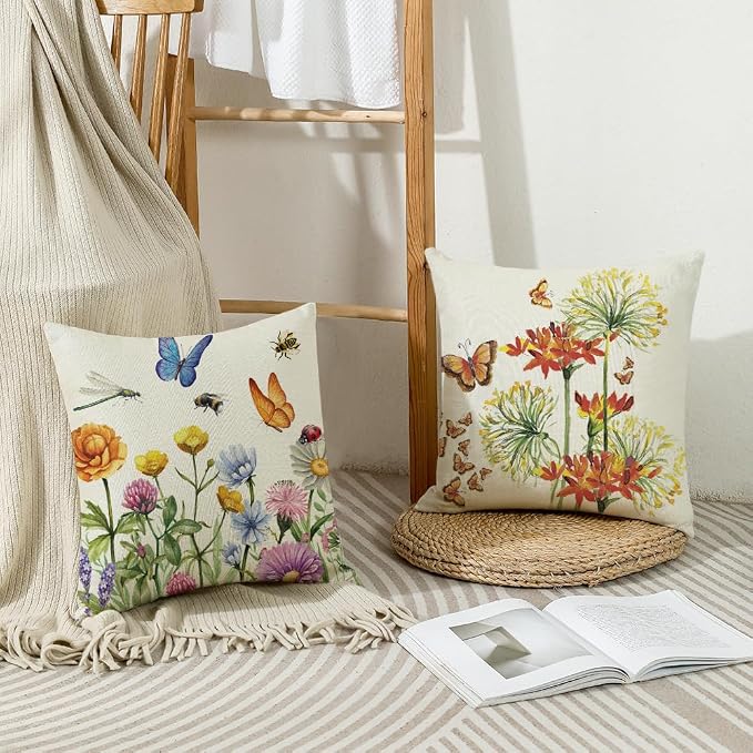 wyooxoo Throw Pillow Covers 20x20 Set of 4 Summer Spring Pillow Covers Flower Butterfly Farmhouse Cushion Case for Sofa Couch Outdoor Patio