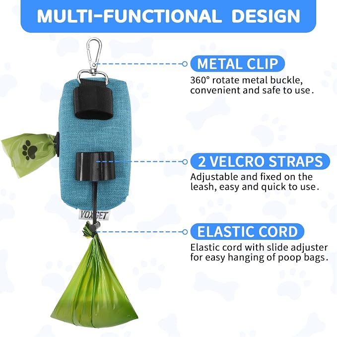 Dog Poop Bag Holder with Treat Pouch, 2 Zipper Pockets & Leash Clip