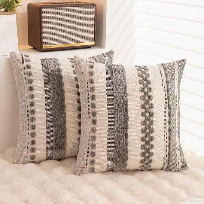 Boho Throw Pillow Covers Decorative Neutral Farmhouse Pillow case | 18x18 Set of 2 Cushion Case Striped Square Pillows Cover Couch Pillow Cases Accent Pillowcase for Sofa Bed,Gray