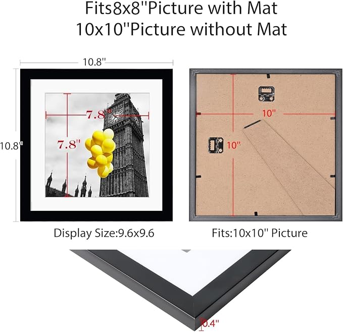 10x10 Picture Frame Set of 9, Display Pictures 8x8 with Mat or 10x10 without Mat, Multi Collage Gallery Square Photo Frames for Wall or Tabletop,Black
