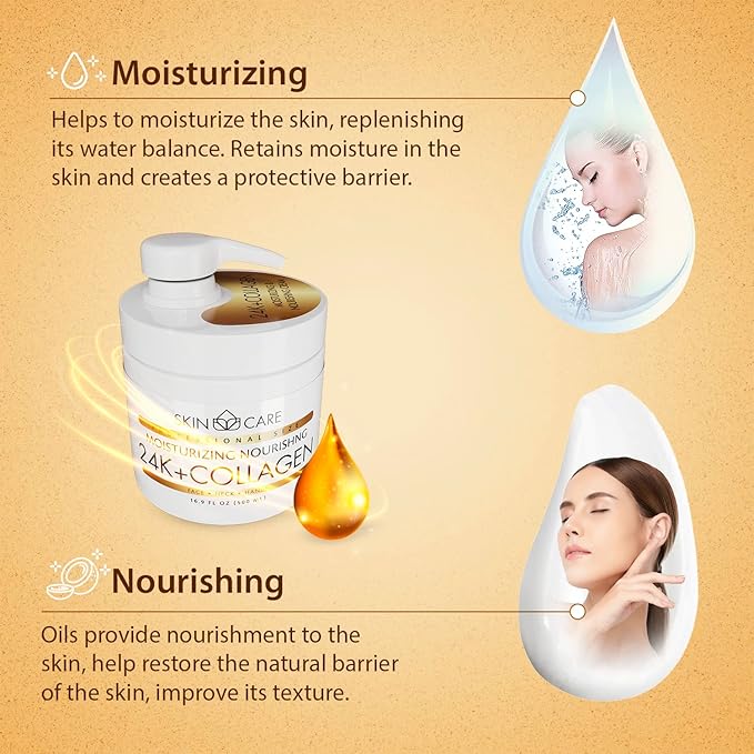 Skin Care 24K Gold & Collagen 3-in-1 Moisturizer Face Cream, Neck and Hands - Treatment for Crepey Texture, Wrinkles and Sagging - Daily Lotion for All Skin Types - 16.9 fl. oz.