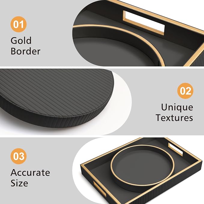 Leather Tray Desktop Storage Organizer, Decorative Tray Set, Black | Premium Serving Trays Valet Tray for Sundries Cosmetics Phone Wallet Cutlery, Set of 2, Black Holder with Disc