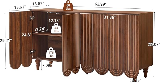 weselon 63" Buffet Cabinet with Scalloped Arched Doors, 4-Door Sideboard with Adjustable Shelves, Push-to-Open & Soft-Close Hinges, Solid Wood Legs Storage Cabinet for Coffee Bar TV Console (Walnut)
