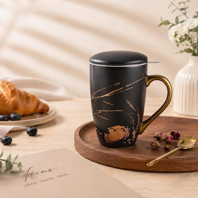AmorArc Ceramic Tea Cup with Infuser and Lid, 17 Oz, Ceramic Cup with Handle for Steeping Loose Leaf Teas, Steeping Tea Mug with Strainer, Black