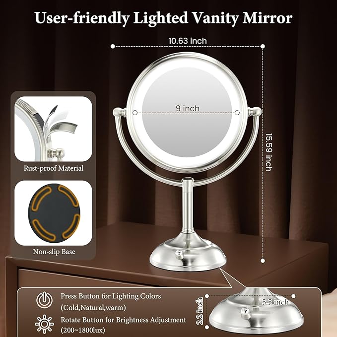 VESAUR 9" Upgraded Lighted Makeup Mirror, 5000mAh Rechargeable 1X/10X/20X HD Magnifying Mirror with 3 Lights Colors, Brightness Adjustable, 360° Rotation Seamless Vanity Mirror, Nickel, Gift Box