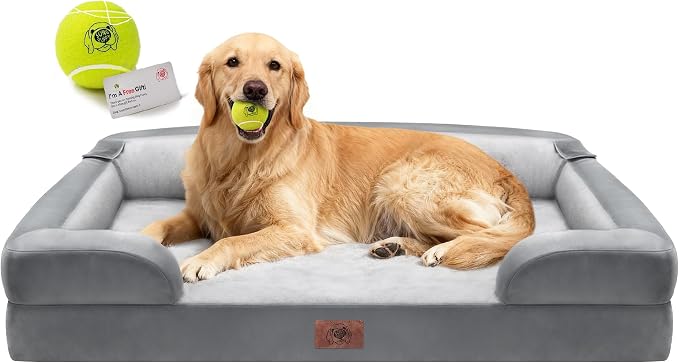 Waterproof Orthopedic Dog Bed for Extra Large Sized Dogs | Memory Foam Pet Bed Sofa with Bolster, Dog Couch with Washable Cover & Non-Slip Bottom, 42x30 Inch, Grey