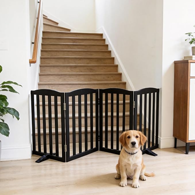 ZJSF Foldable Freestanding Indoor Dog Gate for House Wood Long Pet Gates Dog Fence for Stairs Puppy Gates for Hallways, Puppy Gate,Support Feet Included, Black, 24 "Height-4 Panels