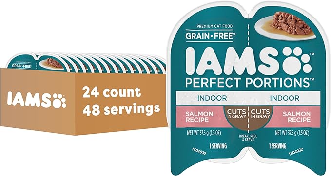 IAMS Perfect Portions Indoor Cuts in Gravy Wet Cat Food, Salmon, 24 Count | Made in USA, Snap, peel & serve, Vitamin E, prebiotic for digestion, no artificial flavors, 2.6 oz. twin-pack trays