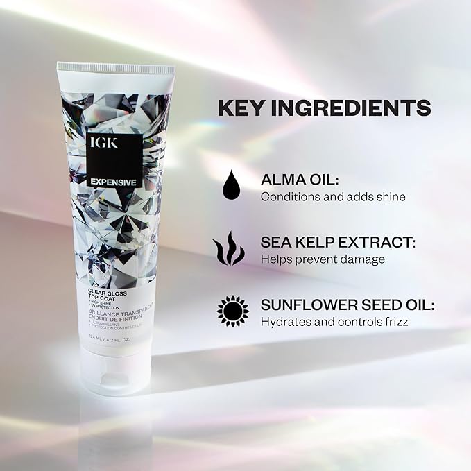IGK - EXPENSIVE - Clear Hair Gloss Treatment – Shine-Boosting Top Coat for Glass Hair – Hair Treatment for Smooth, Polished Finish – Clear Gloss for Hair Sheen and Silkiness - Cruelty Free 4.2oz