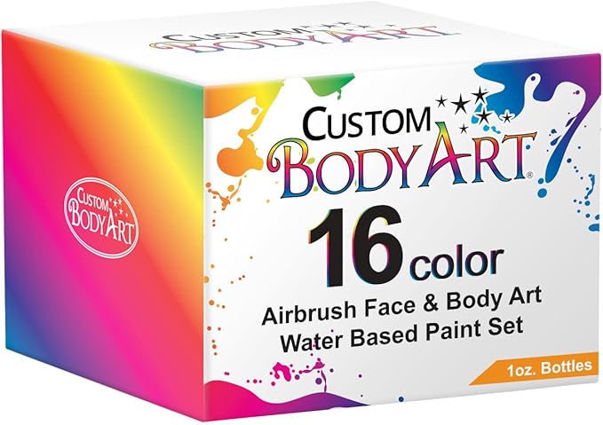 Custom Body Art Set of 16 Colors 1-oz Bottles of Water Based Face-Body Airbrush Colors