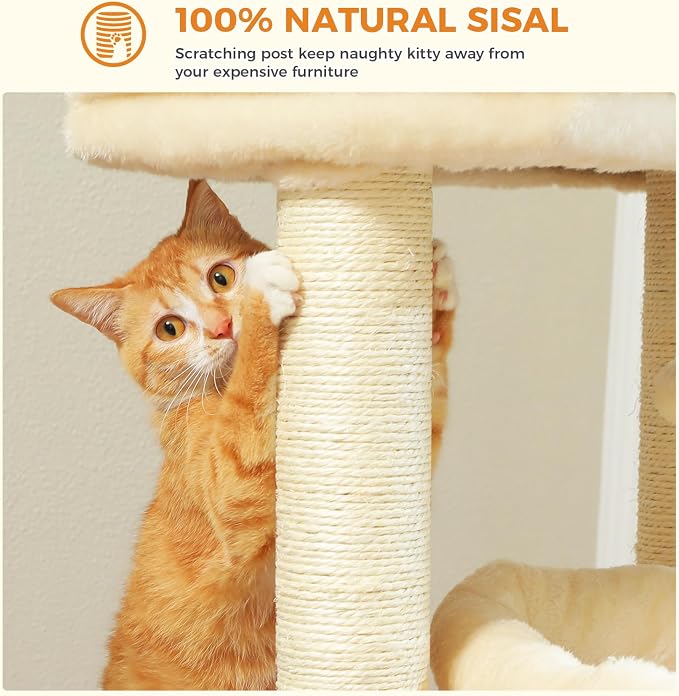 PEQULTI Cat Tree Tower for Large Indoor Cats, Extra Large Perch, Beige | Sisal wrapped scratch posts, oversized resting perch, sturdy cat tower furniture for indoor large cats