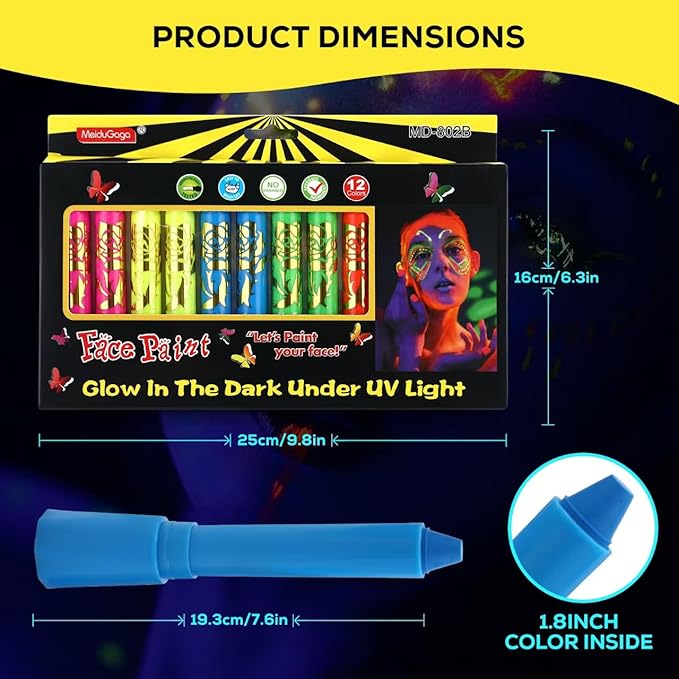 12 PCS Glow Face & Body Paint, Glow in the Blacklight Makeup Neon Face Paint for Halloween Birthday Party