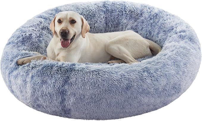 45 in Faux Fur Fluffy Donut Dog Bed for Extra Large Dogs,Dark Blue | Calming Plush Round Jumbo Pet Bed with Removable & Washable Cover,Fits up to 120 lbs Pets