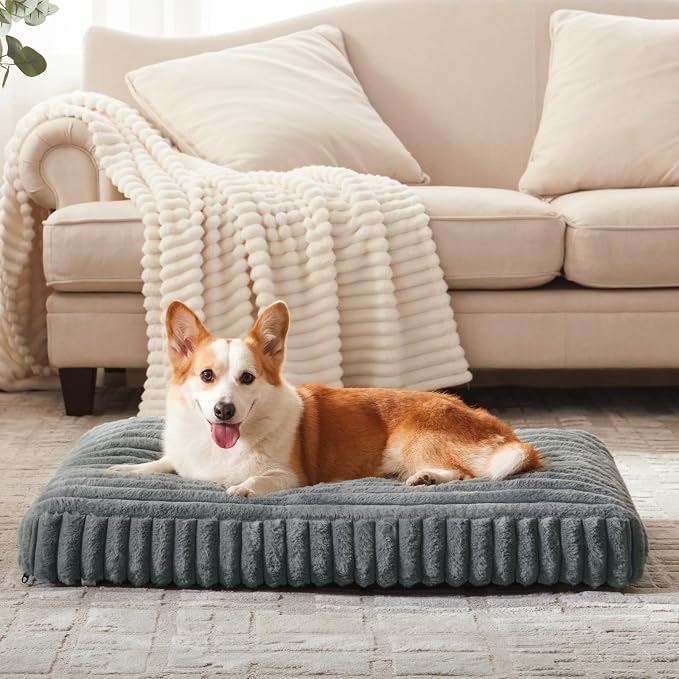 XL Dog Bed, Flat Pet Beds with Removable Washable Cover, Pet Mat Cute Dog Crate Bed Thick Shredded Chopped Crate Foam & Anti Slip Bottom for Indoor, 42"x27"x4"