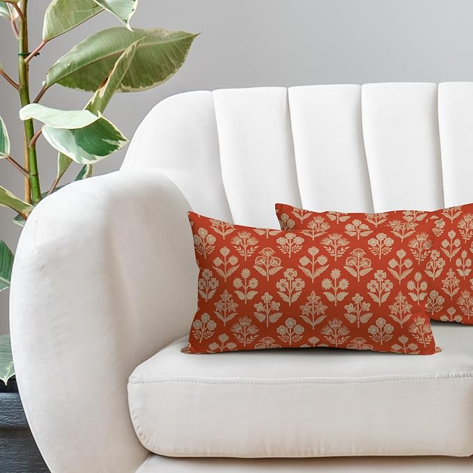 Dark Orange Pillow Covers 12x20 Inch Set of 2, Cream Floral Block Print Pattern Lumbar Decorative Throw Pillowcases Outdoor Farmhouse Rectangle Cushion Covers Spring Summer Sofa Couch Bed Decor