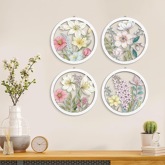 Boho Flower Wall Decor, Abstract Floral Market Wooden Wall Hanging Sign, 4 Pieces 10''x10'' Colorful Plant Wall Art, Minimalist Wildflower Botanical Wood Plaue for Girls Bedroom Living Room