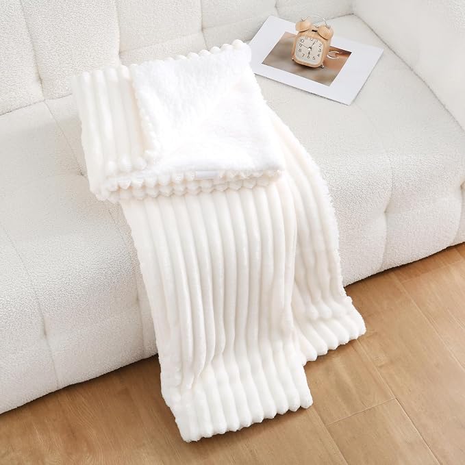Cream White Sherpa Fleece Throw Blanket 60”×80”for Couch Sofa Bed | Double Side Soft Fuzzy Cozy Plush Thick Flannel Blanket with Striped Design Gift for Adults,Woman