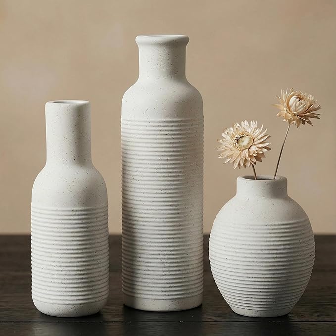 Rustic Farmhouse Vase Set of 3 - Ceramic Decorative Modern Flowers Vases Home Decor - Pampas Grass Dried Fresh Flowers - for Centerpiece, Table, Mantel Entryway, Kitchen (White 1)