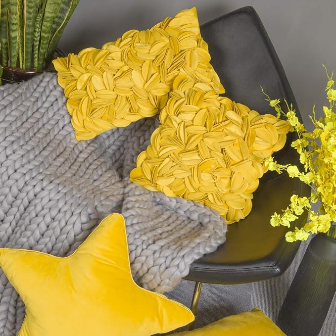 KINGROSE Soft Velvet 3D Flower Throw Pillow Cover, Yellow, 12 x 20 Inches | Luxury Pillowcase, Decorative Cushion Case, For Bed Living Room Sofa Home