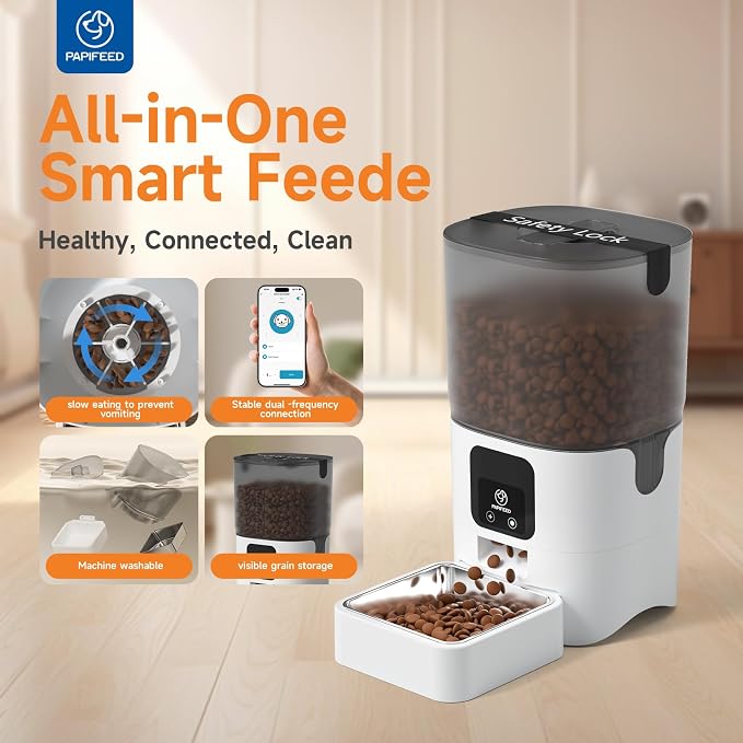 PAPIFEED Automatic Cat Feeder with App, 5G WiFi Cat Food Dispenser, 6L Timed Cat Feeder for Dry Food, 10 Meals/Day, 12 Portions/Meal, Dual Power Supply Smart Pet Feeder for Small Dog, White