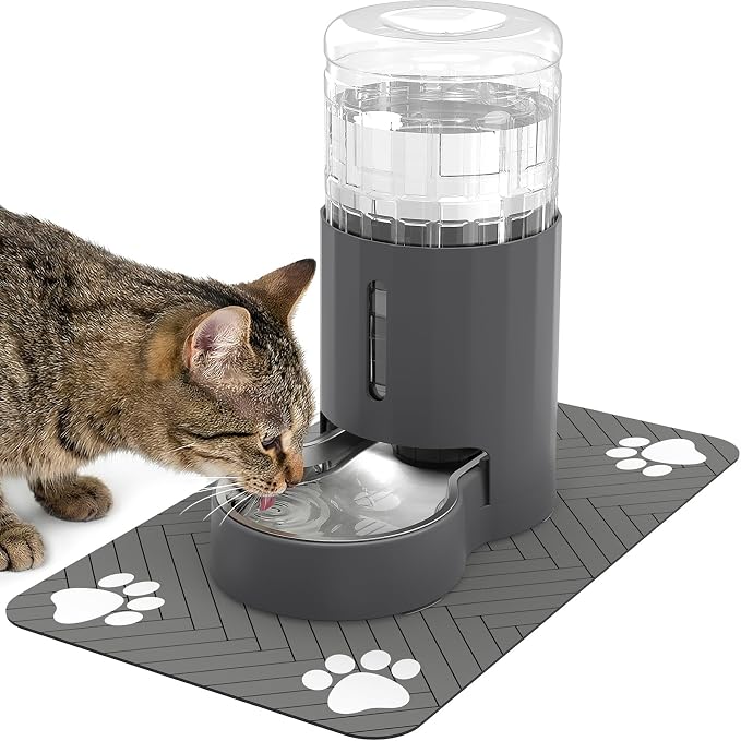 JUNSPOW Cat Water Dispenser with Placemat and Stainless Steel Bowl (4L) | Automatic Gravity Water Dispenser for Cats or Small Medium Size Dogs, Large Capacity, Easy to Clean