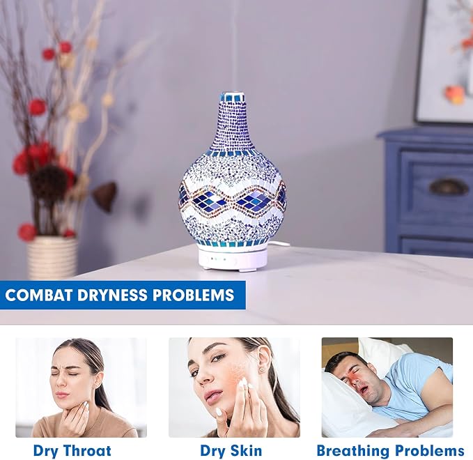Mosaic Glass Essential Oil Diffuser,Tiffany Aromatherapy Diffuser 100ml Turkish Moroccan Color Changing Aroma Ultrasonic Diffusers Cool Mist Air Diffuser for Sleeping SPA Office Home