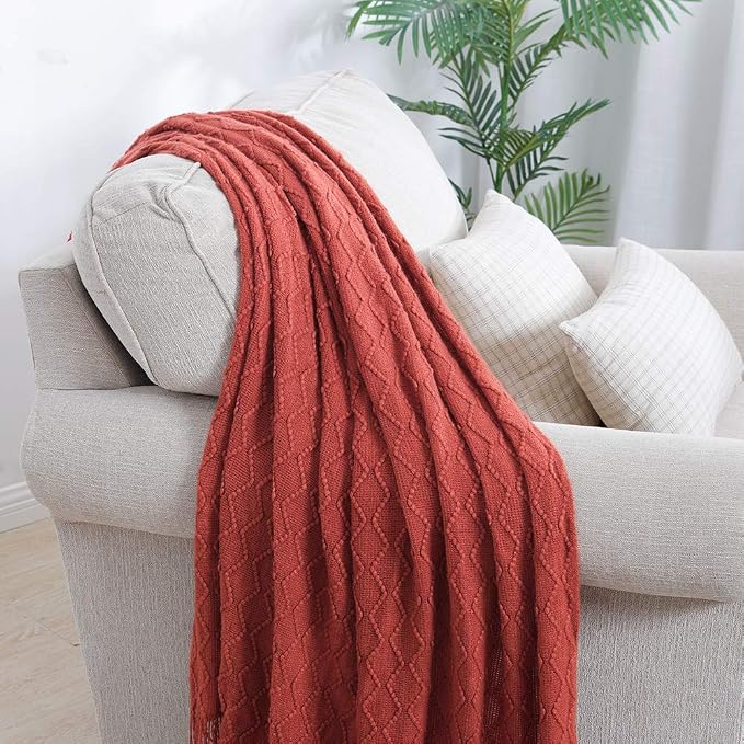 BOURINA Rust Throw Blanket 50x90 Inch Boho Knitted Soft Throw Sofa Blanket | Knitted Throw Blanket 50x90 Inches, Soft Lightweight Boho Weave Throw Decorative Couch Blanket for Living Room Bed Runner