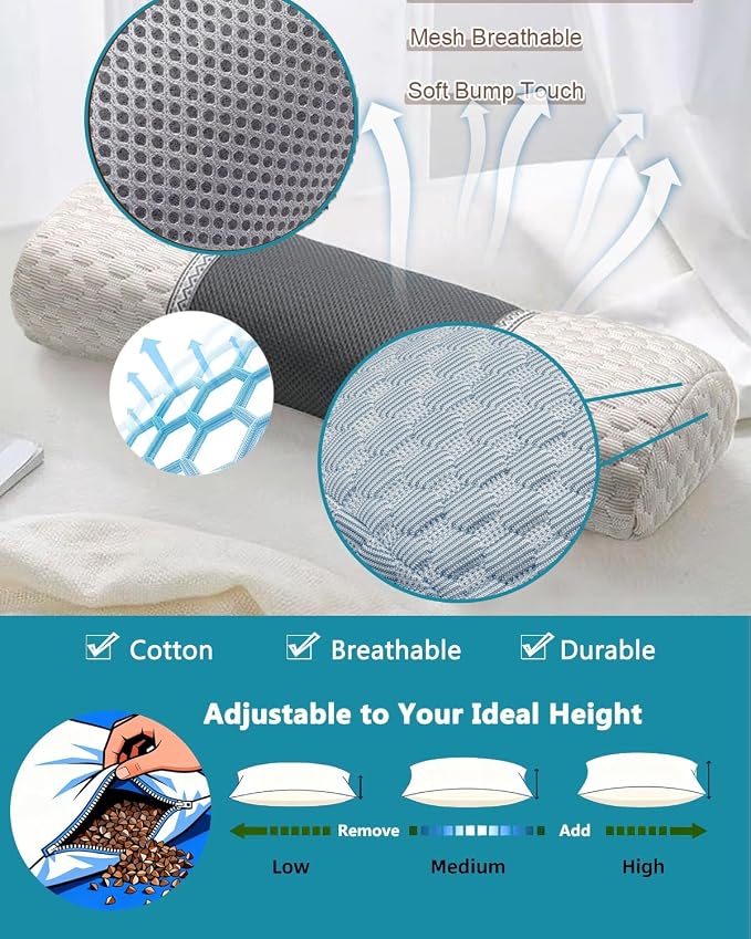 Buckwheat Cervical Pillow for Sleeping, Adjustable Roll Pillow for Neck Relief with Washable Pillowcase, Round Cylinder Bolster for Firm Support, 16x4 inch (Khaki)