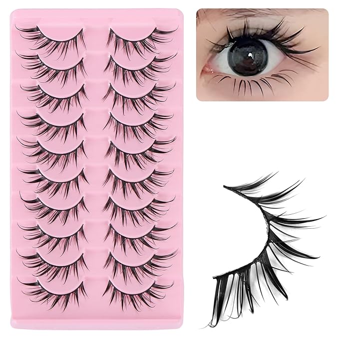outopen 10 Pairs Fox Eye Manga Lashes Japanese Cosplay Lashes Doll Style Spiky Anime Lashes Wispy Cat Eye False Lashes Extensions(Fox Manga 10-15 MM)