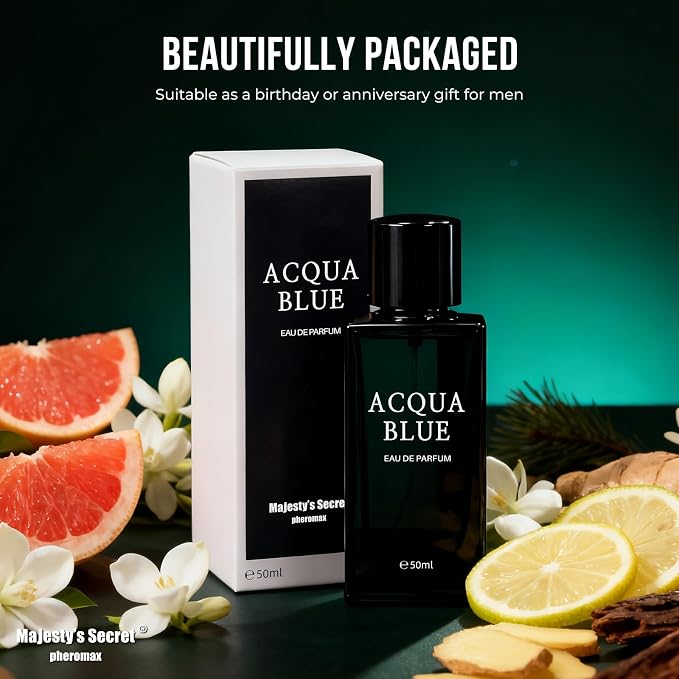 Acqua Blue Eau de Parfum for Men, 50ml Fresh Woody Fougere Cologne with Lemon, Mint & Pink Pepper Notes, Long-Lasting Clean Masculine Fragrance for Office, Daily Wear & Gifts